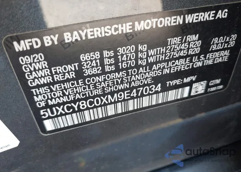 2021 BMW X6 M50I from USA, damaged, VIN 5UXCY8C0XM9E47034